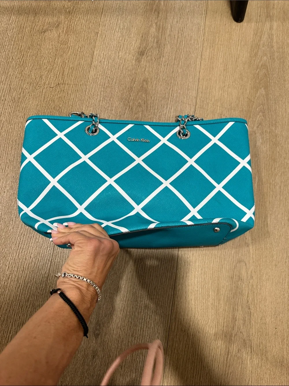 Calvin Klein Teal Tote with White Lattice Pattern